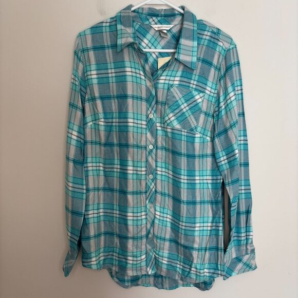 Christopher & Banks Tops - CHRISTOPHER & BANKS NEW Teal Plaid Flannel Womens M Collared Long Sleeve Rayon